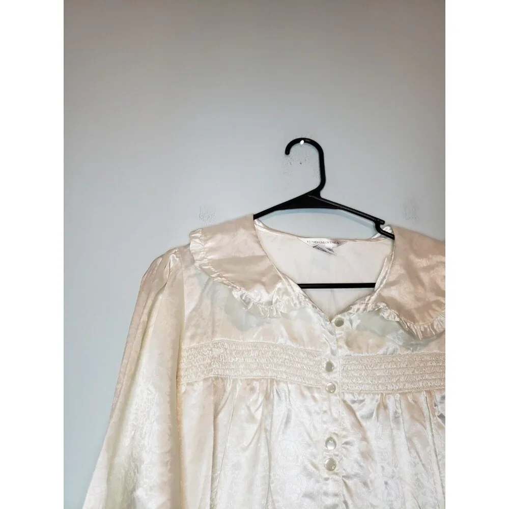 Fundamentals Women M Midi Nightgown Satin Cream Floral Grannycore Ruffle Collar - Picture 4 of 5